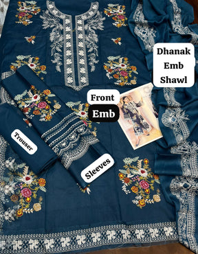 3PC Embroidery Dhanak with Embroidery Shawl